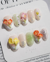 CallaLily-Dewy Vibe press-on nails in short oval shape — Fresh Macarons, 3D Calla Lilies & Aurora Shell Textures.