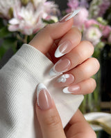 Camellia-Classy AF press-on nails — Nude Pink, White French Tips & 3D Camellias handmade nail art by Joyee Nails