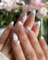 Camellia-Classy AF press-on nails — Nude Pink, White French Tips & 3D Camellias handmade nail art by Joyee Nails