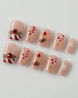 Candy Holiday press-on nails in extra short coffin shape — Festive Christmas, Candy Canes & Gingerbread Man.