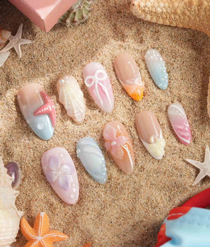 Candy Shore handmade press-on nails featuring Soft Pastel Ocean Style, 3D Starfish, Shells & Florals