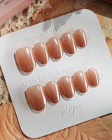 Caramel Chrome press-on nails — Nude Brown chrome, Glossy Caramel Style. handmade nail art by Joyee Nails