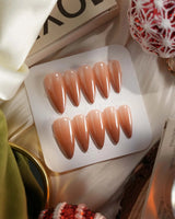 Caramel Chrome press-on nails — Nude Brown chrome, Glossy Caramel Style. handmade nail art by Joyee Nails