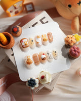 Caramel Miffy brunch-inspired press-on nails with cookie colors and dessert details