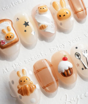 Caramel Miffy handmade press-on nails featuring character nail art