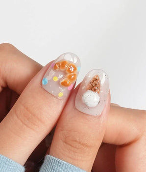 Caramel Toast short oval nails with bear-shaped toast, pudding, ice cream, and sprinkles