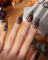 Cathedral Rose gothic press on nails with red glitter roses, hearts and mint leaves in black stained glass lines on a smoky sheer base - image 2