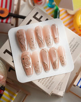 Champagne Nova Long Coffin press on nails, handmade custom nails by Joyeenails
