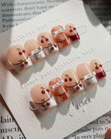 Cherry Miss press-on nails in extra short coffin shape — Red White French, 3D Bow & Cherry.