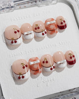 Cherry Miss press-on nails in extra short squoval shape — Red White French, 3D Bow & Cherry.