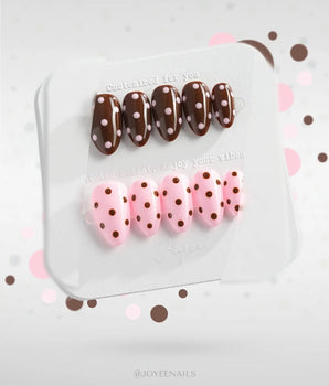 Berry Cocoa handmade press-on nails featuring Coffee & Pink Polka Dots