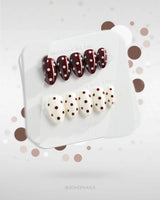 Choco Pop handmade press-on nails featuring Wine Red & Creamy White Contrast, Retro Polka Dots.