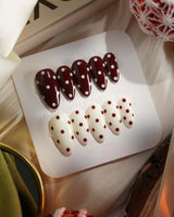 Choco Pop press-on nails — Wine Red & Creamy White Contrast, Retro Polka Dots. handmade nail art by Joyee Nails