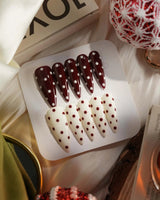Choco Pop press-on nails — Wine Red & Creamy White Contrast, Retro Polka Dots. handmade nail art by Joyee Nails