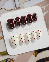 Choco Pop press-on nails — Wine Red & Creamy White Contrast, Retro Polka Dots. handmade nail art by Joyee Nails
