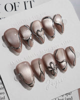 Chrome lines press-on nails — Cool-toned Silver Grey Cat Eye, Liquid Metal Lines & 3D Heart. handmade nail art by Joyee Nails