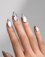 Chrome lines press-on nails — Cool-toned Silver Grey Cat Eye, Liquid Metal Lines & 3D Heart. handmade nail art by Joyee Nails