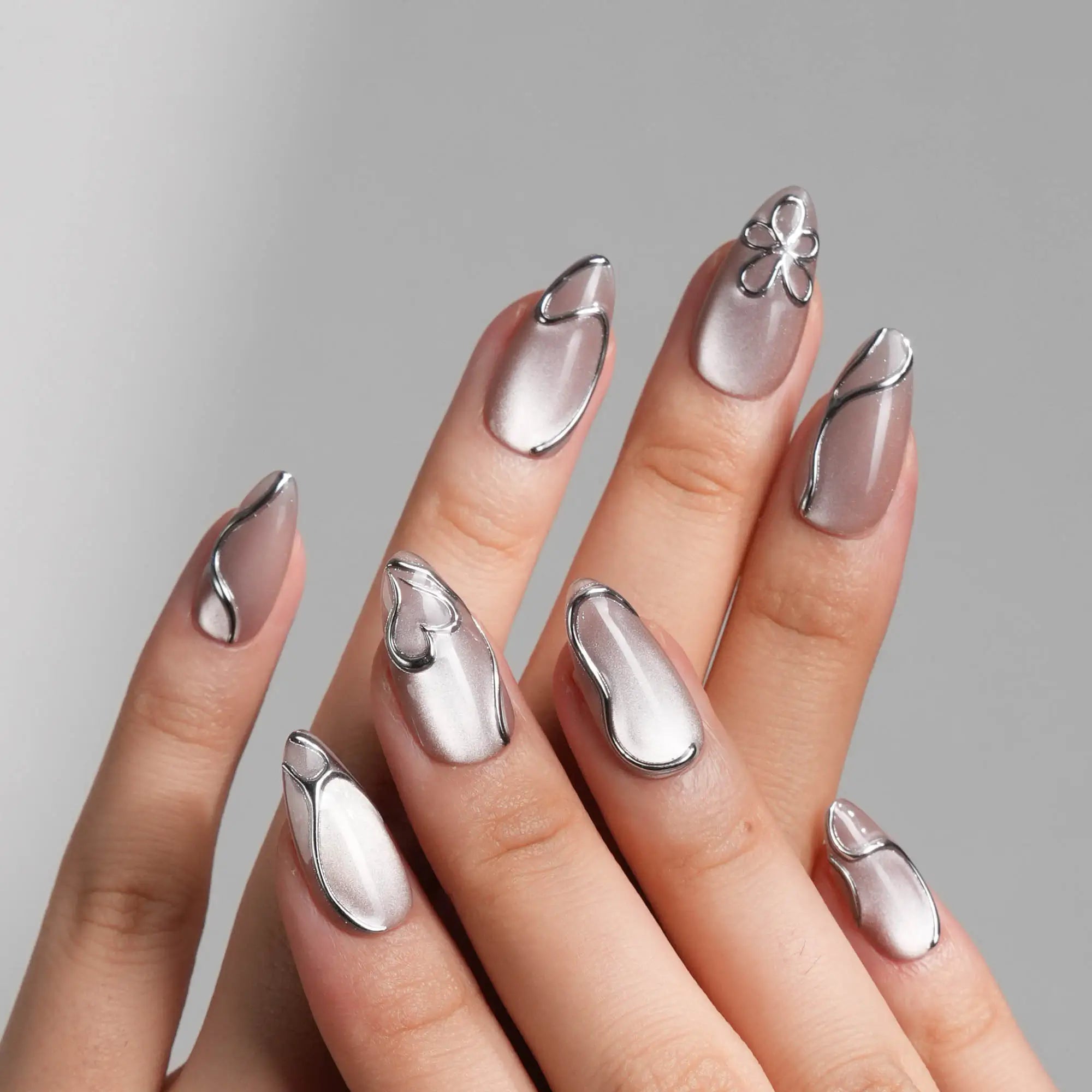 Minimal Chrome Fingertip Nails with Pearl Detail