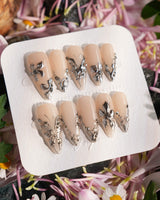 Chrome Rebellion press-on nail set — Nude, 3D Silver Butterflies & Liquid Metal. design, hand-painted with real gel polish
