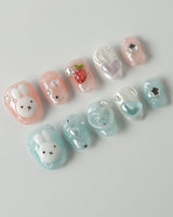 Cindy Miffy press-on nails in extra short oval shape — Jelly Dual-Tone, 3D Bunny & Bear.