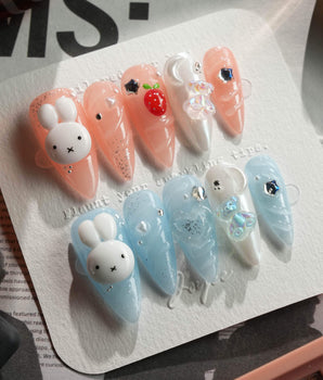 Cindy Miffy press-on nails in medium stiletto shape — Jelly Dual-Tone, 3D Bunny & Bear.