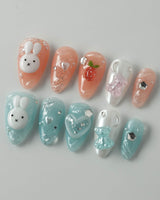 Cindy Miffy press-on nails in short almond shape — Jelly Dual-Tone, 3D Bunny & Bear.