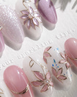 Clematis-Visionaria handmade press-on nails featuring Elegant Taro Purple, Hand-painted Clematis & Delicate Bow.