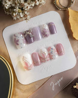 Clematis-Visionaria press-on nails in short square shape — Elegant Taro Purple, Hand-painted Clematis & Delicate Bow.