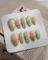 Clover Field nails in medium almond — Fresh Grass Green, Hand-painted