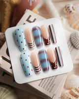 Cocoa Dot long coffin press-on nails with chocolate brown dots and stripe details