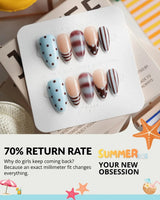 Cocoa Dot short almond press-on nails with baby blue, chocolate brown and nude patterns