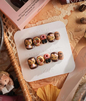 Cocoa Kitty Brown Color handmade press-on nails featuring chocolate brown hello kitty 3D dessert nails