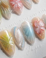 Color Rush press-on nails in short almond shape — Aurora Glaze Style, 3D Smudged Florals & Fluid Water Ripples.