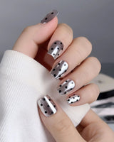 Cosmo Dots press-on nail set — Silver Metallic Chrome, Retro Black Polka Dots design, hand-painted with real gel polish