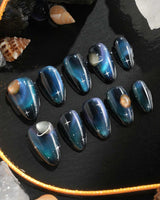 Cosmoseek press-on nails — Deep Blue Galaxy Cat-eye, 3D Planets & Stars. handmade nail art by Joyee Nails
