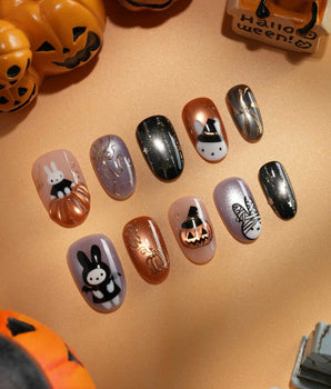 Costume Miffy Halloween press on nails with a bunny in witch hat, bat wings and mummy costume, 3D copper pumpkin and gold stars - image 4