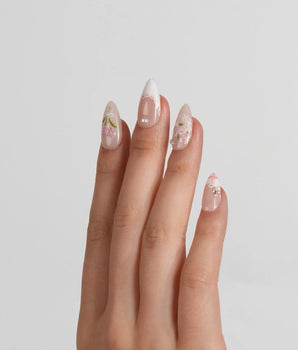 Cottage Mail handmade press-on nails featuring Sweet Pastoral Style, Hand-painted Tulips & Lace French Tip nails