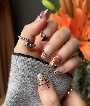 Cozy Plaid handmade press-on nails featuring British Plaid, Colorful Rhinestone & Planet Charm.