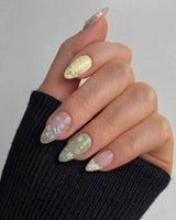 Cream Garden press-on nails in short almond shape — Pastoral Style, Hand-painted Bees & Wildflowers.