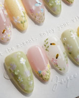 Cream Garden handmade press-on nails featuring Pastoral Style, Hand-painted Bees & Wildflowers.