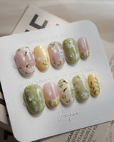 Cream Garden press-on nails — Pastoral Style, Hand-painted Bees & Wildflowers. handmade nail art by Joyee Nails