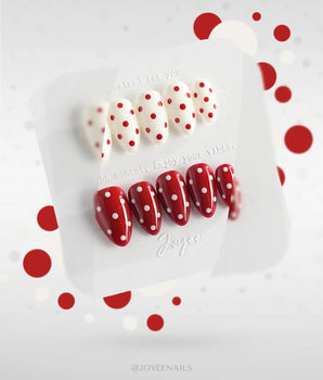 Creamy Cherry handmade press-on nails featuring Bright Red & Creamy White Contrast, Retro Classic Polka Dots.