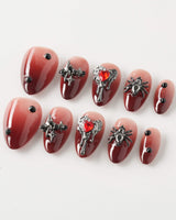 Crimson Veil press-on nails in extra short almond shape — Red & Black Gradient, 3D Punk Heart & Spider.