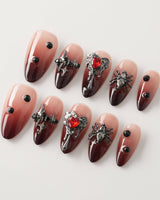 Crimson Veil press-on nail set — Red & Black Gradient, 3D Punk Heart & Spider. design, hand-painted with real gel polish