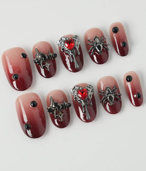 Crimson Veil press-on nails in short oval shape — Red & Black Gradient, 3D Punk Heart & Spider.