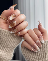 Brown & Khaki press-on nails in XS medium almond with muted neutral fall color palette