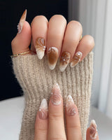 Brown & Khaki custom size medium almond press-ons with muted earthy gel colors