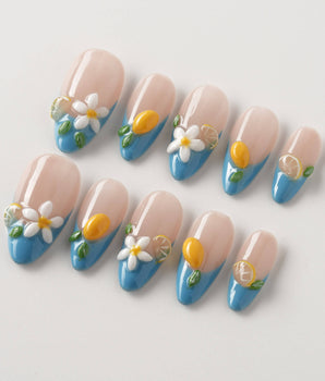 Lemon Grove handmade press-on nails featuring Blue French, 3D Lemon & Florals.