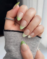 Forest Layers nail art close-up showing Nude Pink & Green, 3D Textured French. details