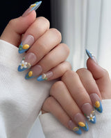 Lemon Grove press-on nail set — Blue French, 3D Lemon & Florals. design, hand-painted with real gel polish